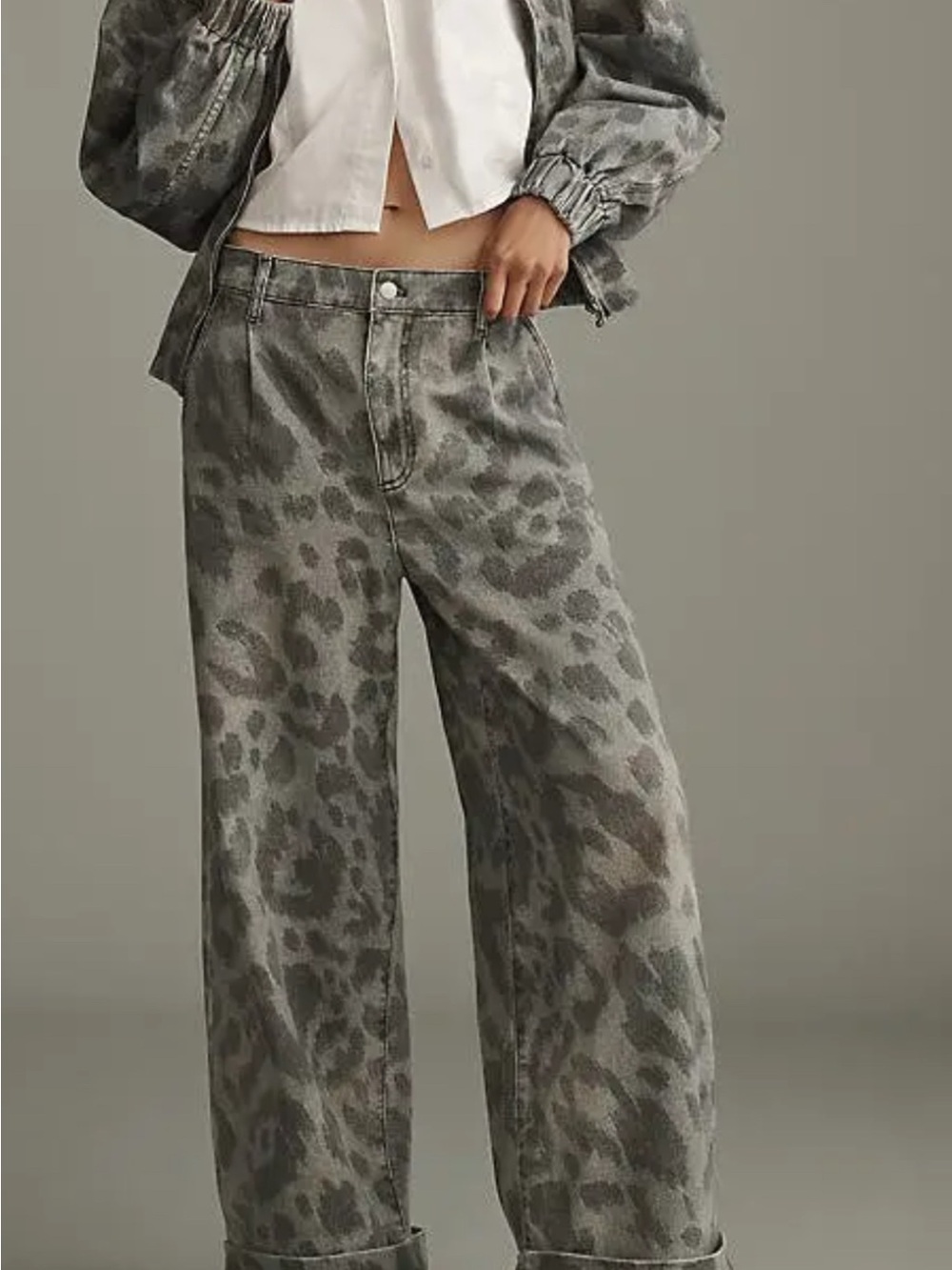 Pilcro Gray Leopard-Print Wide Leg Jeans